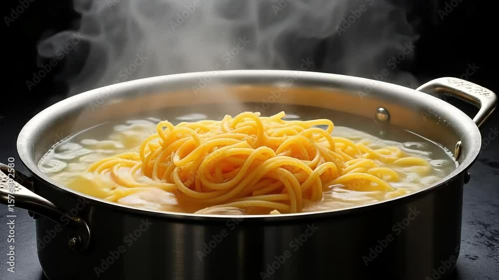 Cooking spaghetti noodles in boiling water within a stainless steel pot on a black surface