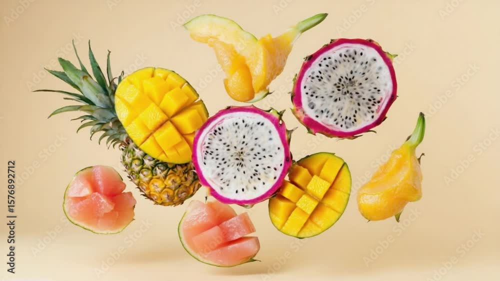 Sliced tropical fruits in the air