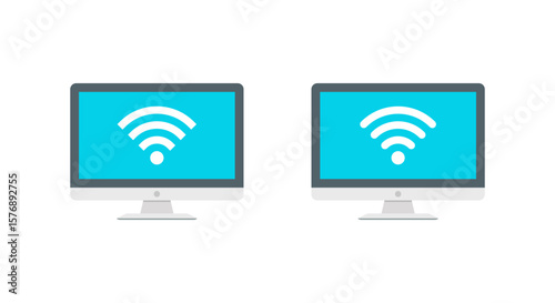 Flat computer screen with wifi signal. Internet connection icon on desktop monitor. Wireless technology and broadband network concept