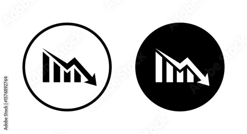 Business decline icon with downward arrow. Loss, failure, or economic crisis symbol in black circle