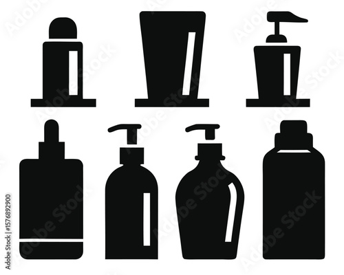Simple black and white vector illustrations of various soap and lotion dispenser bottle silhouettes.