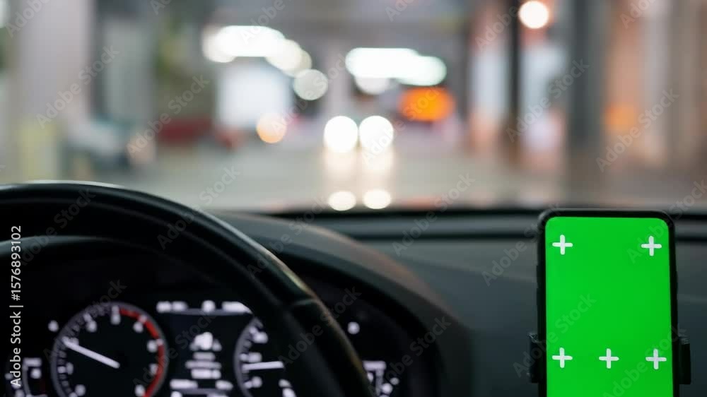 Smartphone green screen in car dashboard mount