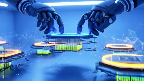Futuristic robotic hands interacting with glowing circuit boards in a high-tech lab environment