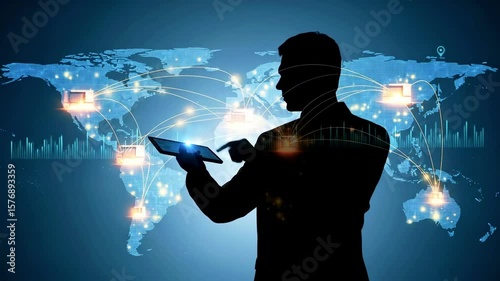 Silhouette of a business professional using a tablet against a global network backdrop with data flow