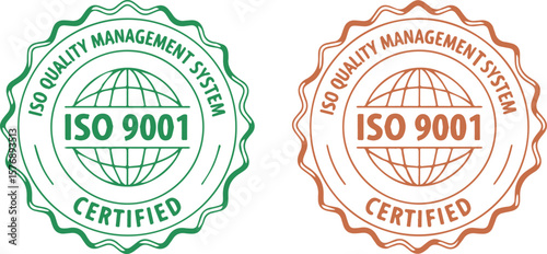 Two isolated ISO 9001 quality management system certified seals on white background