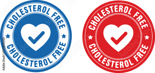 Cholesterol Free label design with heart and checkmark icons in blue and red on white background