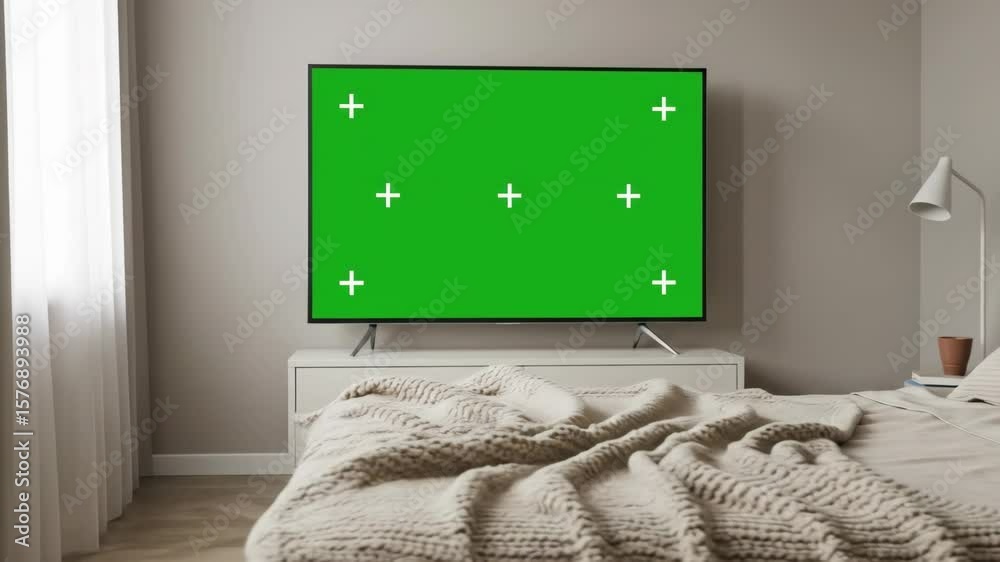 Empty green screen tv in bedroom interior