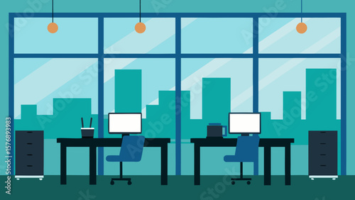 AI generated vector illustration of modern office interior with dual workstations, computers, filing cabinets, pendant lights, and panoramic cityscape view for business workspace and productivity them