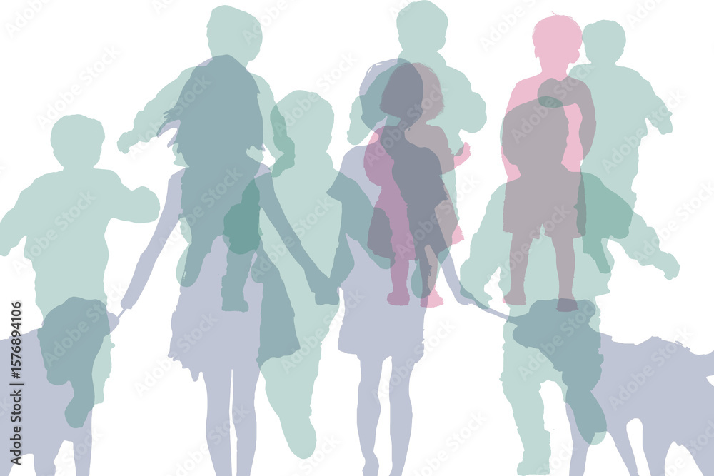 Fototapeta premium An abstract silhouette of children and dogs in a colorful composition symbolizes togetherness, diversity, and connection. Unique pastel shades emphasize the vibrancy and unity of relationships.
