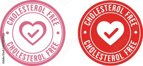Two "Cholesterol Free" Heart Stickers in Pink and Red isolated on white background
