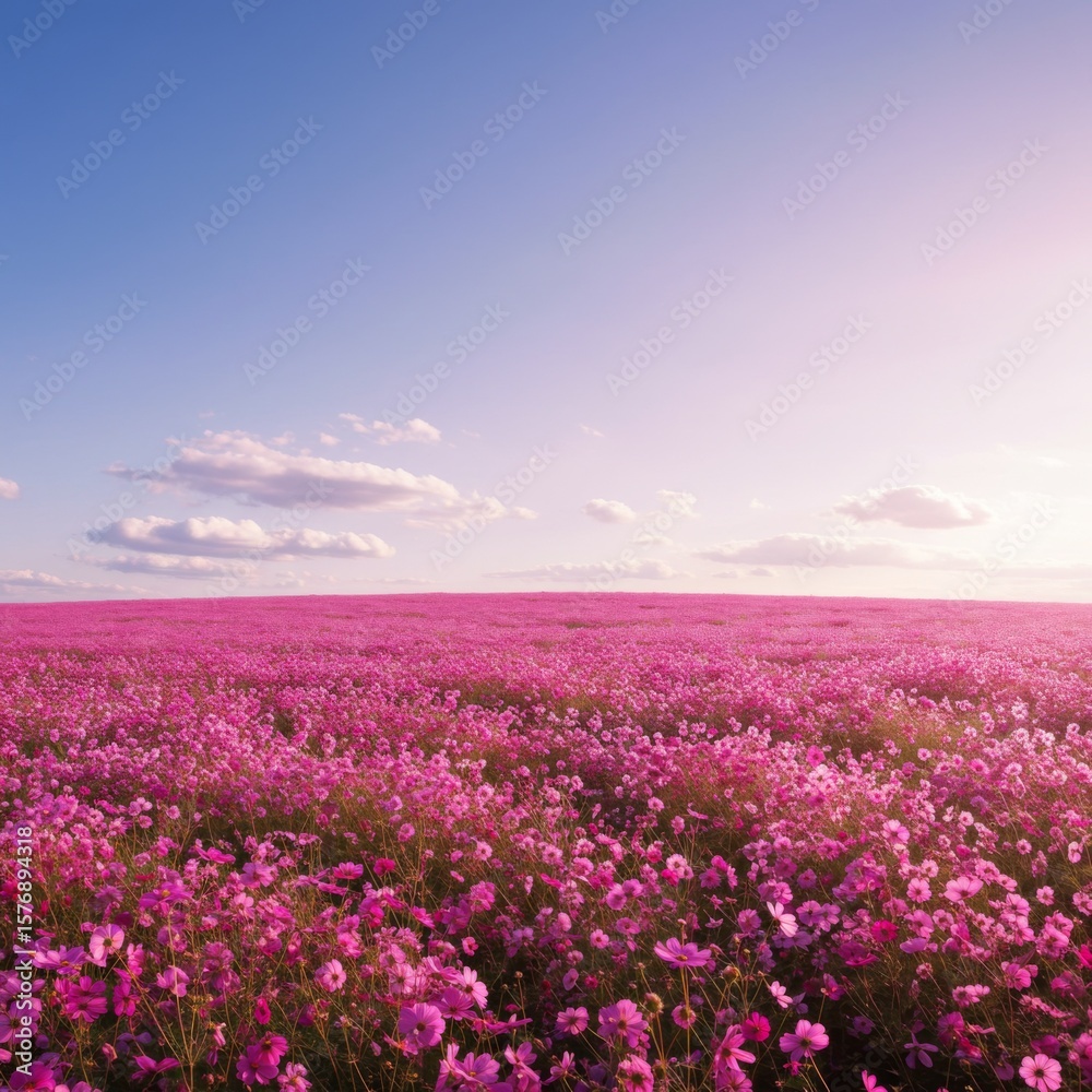 Obraz premium Pink Cosmos Flower Field Under Blue Sky