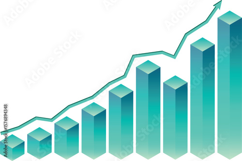 Green Bar graph isometric view. Business charts, data graphics, statistics diagram. Analysis growth progress. Vector  for visualization of presentation, report arrow standing for stock index increase