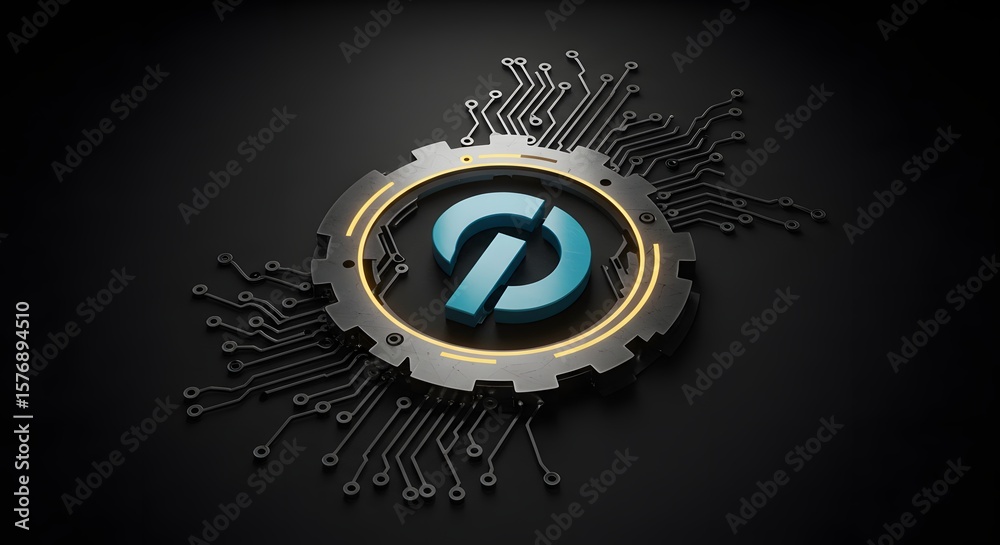 Fototapeta premium Futuristic Gear with Circuit Board and Glowing Accents on Black Background 