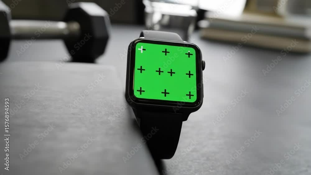 close up of greenscreen of smartwatch with fitness tool background
