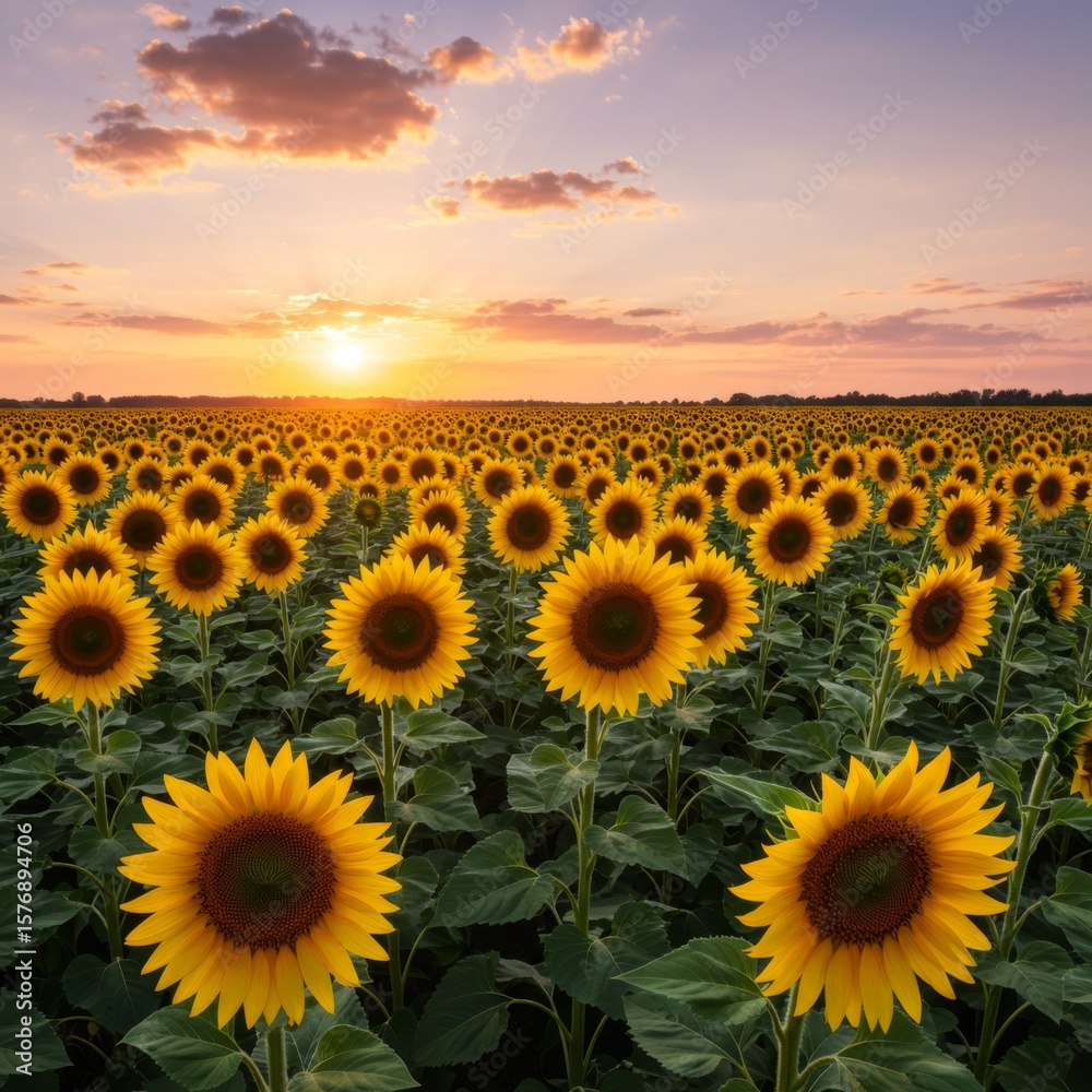 Obraz premium Vibrant Sunflower Field at Sunset