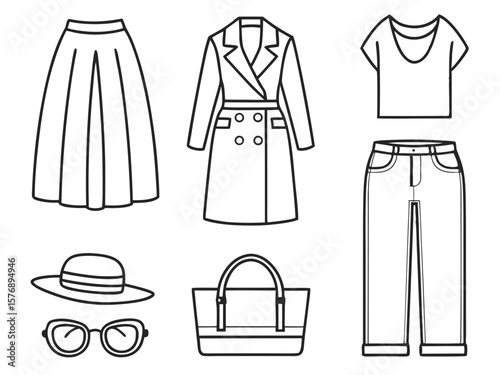 Outlined vector illustration of fashionable clothes and accessories perfect for style layouts.