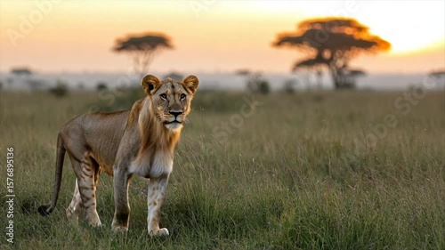 Wallpaper Mural Majestic lioness strides through golden savanna grassland at sunrise Torontodigital.ca