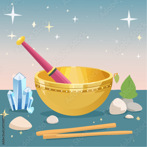 Golden Singing Bowl with Spiritual Tools and Crystals