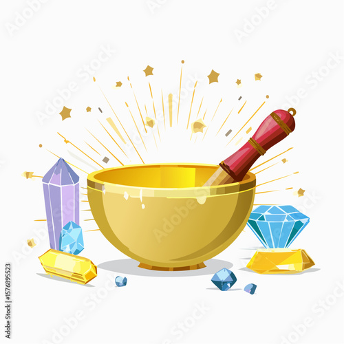Golden Singing Bowl with Spiritual Tools and Crystals
