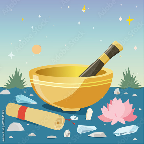 Golden Singing Bowl with Spiritual Tools and Crystals