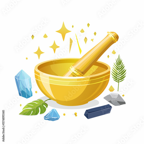 Golden Singing Bowl with Spiritual Tools and Crystals