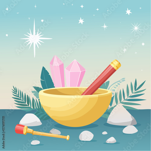 Golden Singing Bowl with Spiritual Tools and Crystals
