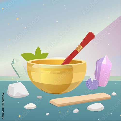 Golden Singing Bowl with Spiritual Tools and Crystals