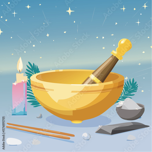 Golden Singing Bowl with Spiritual Tools and Crystals