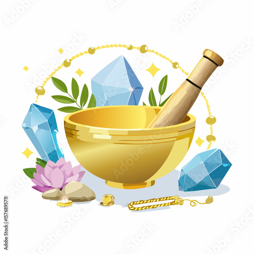 Golden Singing Bowl with Spiritual Tools and Crystals