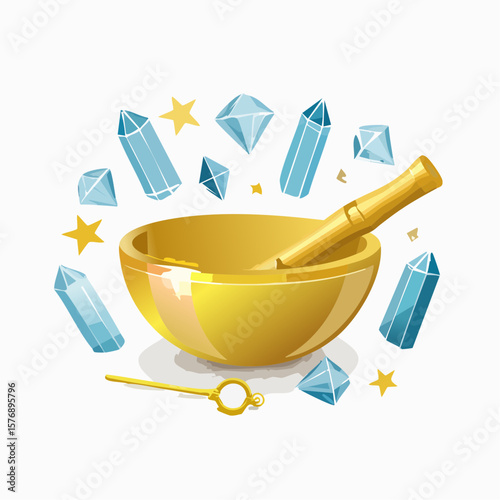 Golden Singing Bowl with Spiritual Tools and Crystals