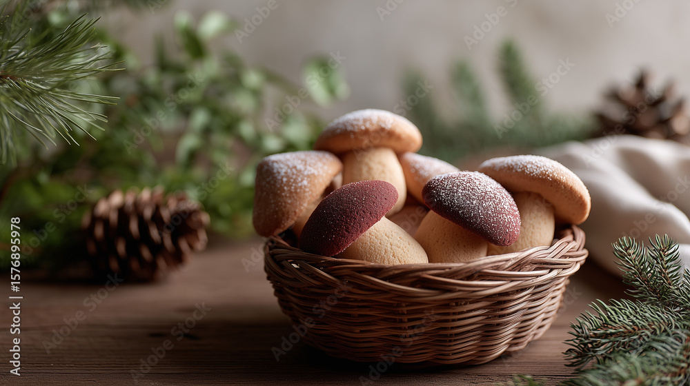 Fototapeta premium Mushroom shaped cookies, bakery, fall themed dessert, bread
