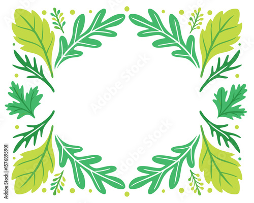 Decorative frame composed of stylized green and yellow leaves bordering a white background.