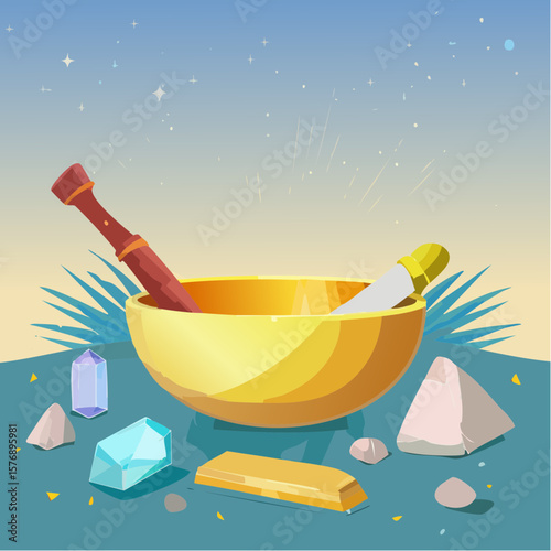 Golden Singing Bowl with Spiritual Tools and Crystals