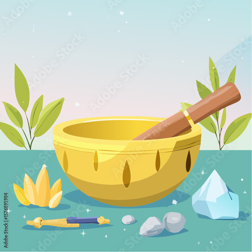 Golden Singing Bowl with Spiritual Tools and Crystals