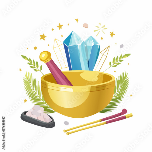 Golden Singing Bowl with Spiritual Tools and Crystals