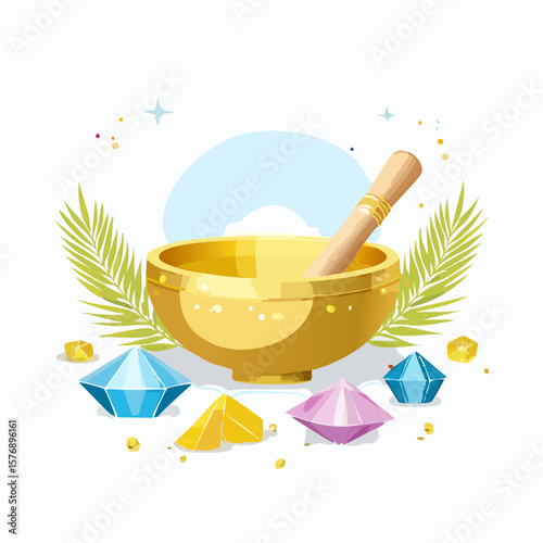 Golden Singing Bowl with Spiritual Tools and Crystals