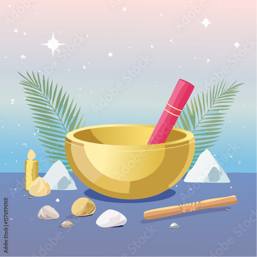 Golden Singing Bowl with Spiritual Tools and Crystals