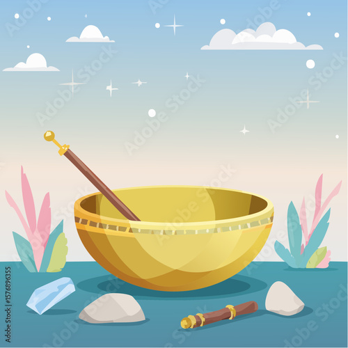 Golden Singing Bowl with Spiritual Tools and Crystals