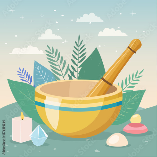 Golden Singing Bowl with Spiritual Tools and Crystals