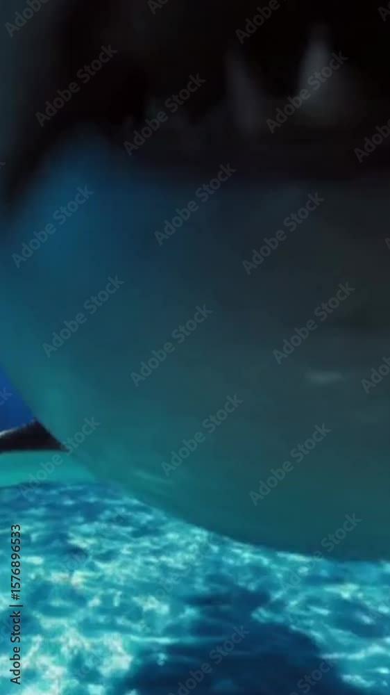 Shark swimming underwater directly toward the camera. Its powerful body moves gracefully through clear blue water, with sunlight filtering from above. Dramatic, detailed, and intense marine scene.
