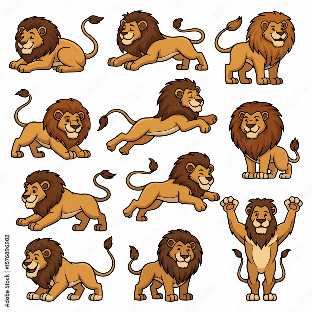 Fototapeta premium Lion poses collection, various actions, animal characters