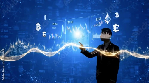 Businessman analyzing cryptocurrency market trends with digital charts and graphs in a futuristic setting