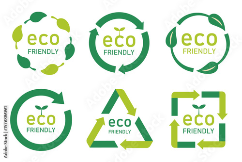 eco friendlyと書かれたサークル型のアイコンセット（エコ 環境 サステナブル 表示マーク ベクター）