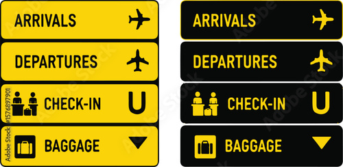 Airport sign with arrivals, departures, check-in and baggage on white background