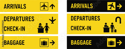 Airport signage with text ARRIVALS, DEPARTURES, CHECK-IN and BAGGAGE