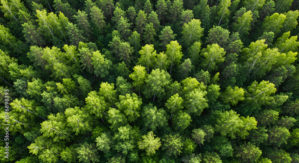 Naklejka premium Aerial view of a vibrant forest canopy, lush green trees creating a textured pattern