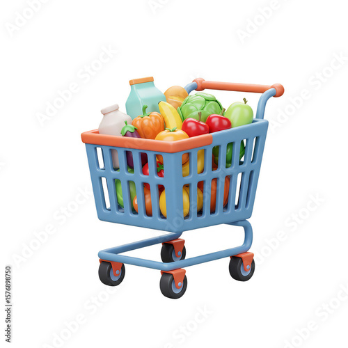 3D Rendering of Shopping Cart Full of Colorful Healthy Groceries