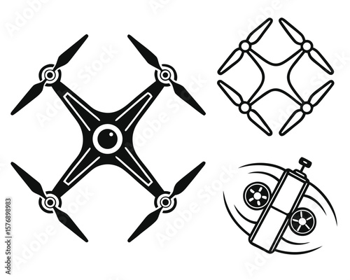 Black and white drone illustration showing different views of aerial quadcopter technology.