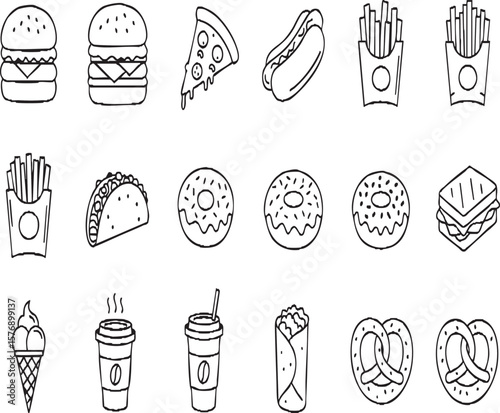 Hand-Drawn Fast Food Outline Icons: Burger, Pizza, Hotdog, and Snacks for Menus and Designs