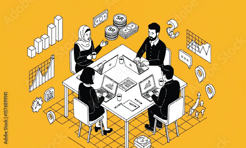 Diverse business team brainstorming in meeting with charts and money on yellow background